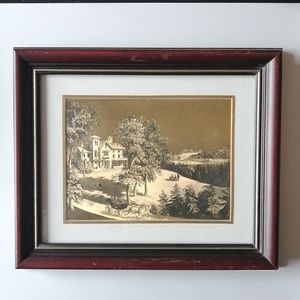 Vintage Wall Hanging Art Holographic Gold Gray Foil Print Countryside Scene